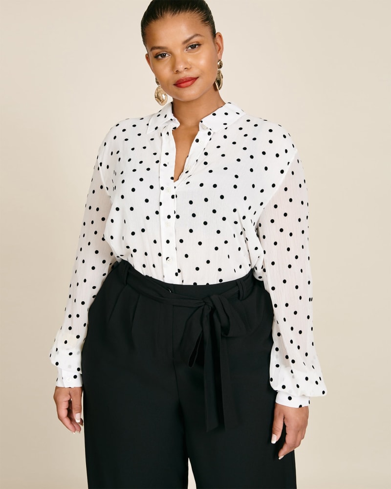 Front of a model wearing a size 16 Drop Shoulder Button Down Shirt in Velvet Dot by Carolina Herrera. | dia_product_style_image_id:231076